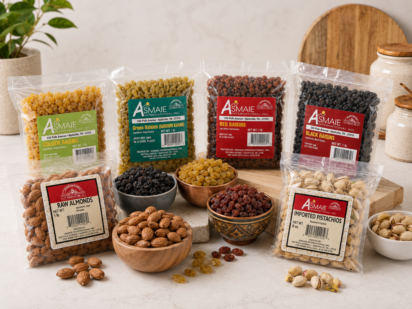 Wholesale dry fruits and nuts including raisins, almonds and pistachios