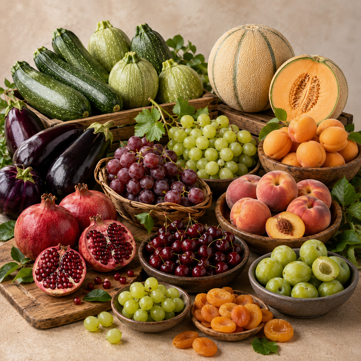 Wholesale fresh produce including grapes, eggplants, squash and pomegranates