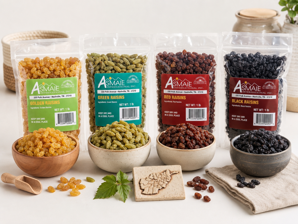 Asmaie branded raisins including golden, green, red and black raisins