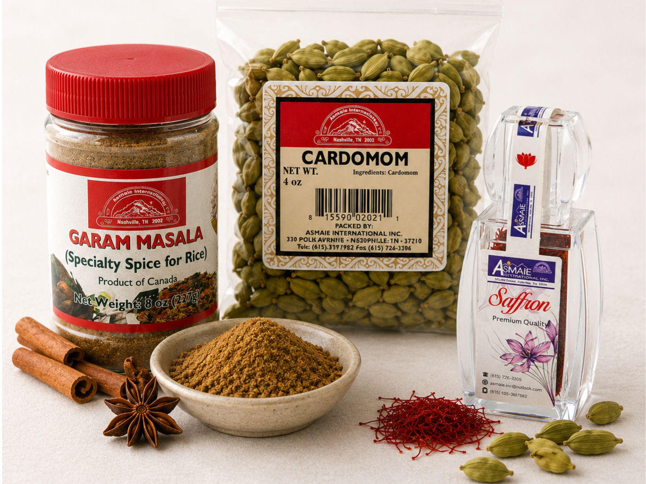 Wholesale spices and seasonings including saffron, cardamom and garam masala